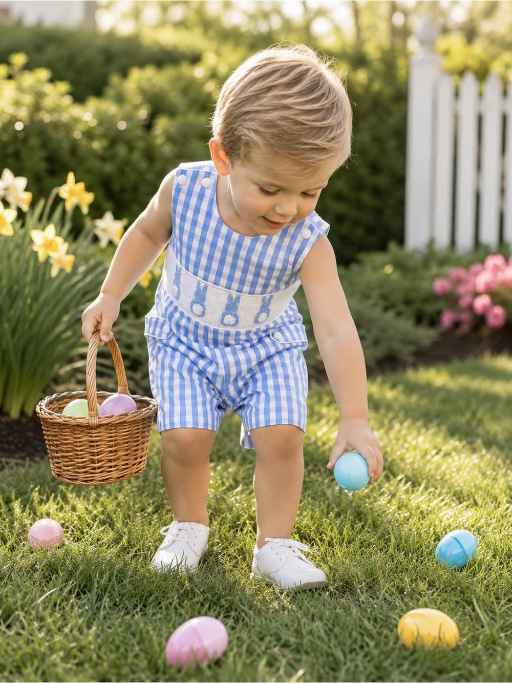 Pleats & Stitches Boys Smocked Bunny Romper Blue Gingham 2T